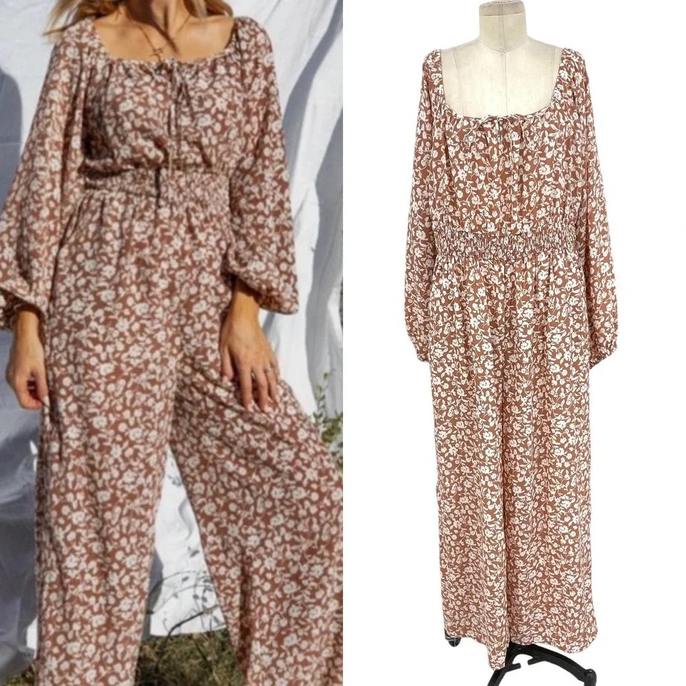 Ivy City Co. Willow Jumpsuit Tan White Floral‎ Print Size XXL